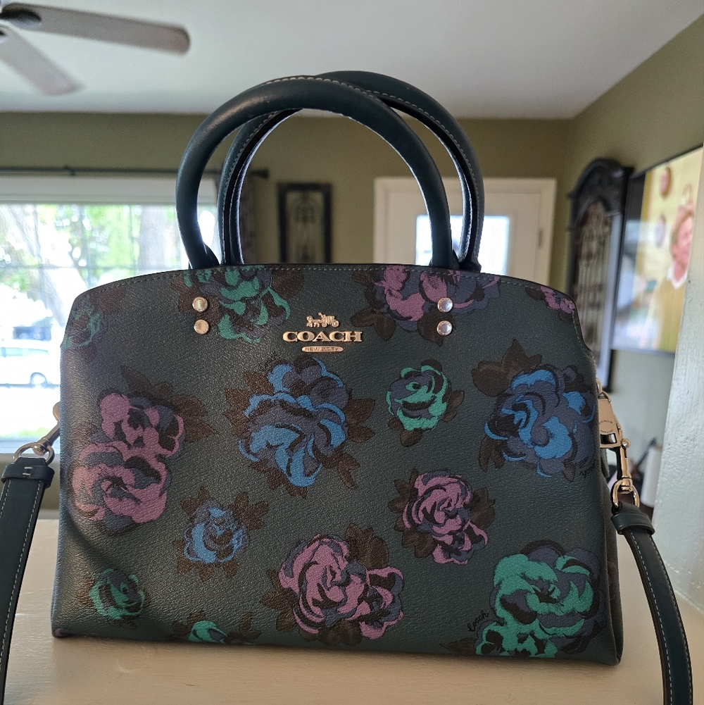 Coach Lille Carryall With Jumbo Floral Print, Deep Turquoise/ Teal Multi /Purple - Picture 1 of 8